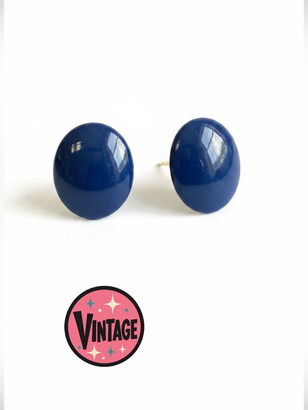VTG 70s 80s Deep Navy Cobalt Blue Enamel Dome Button Post Earrings -Midcentury
